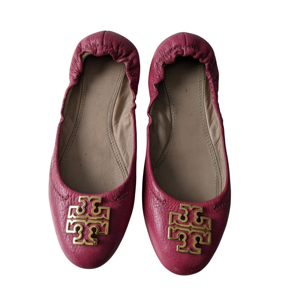 Tory Burch Minnie Travel Ballet Flats Pink Pebbled Leather Gold Logo Size 9.5M
